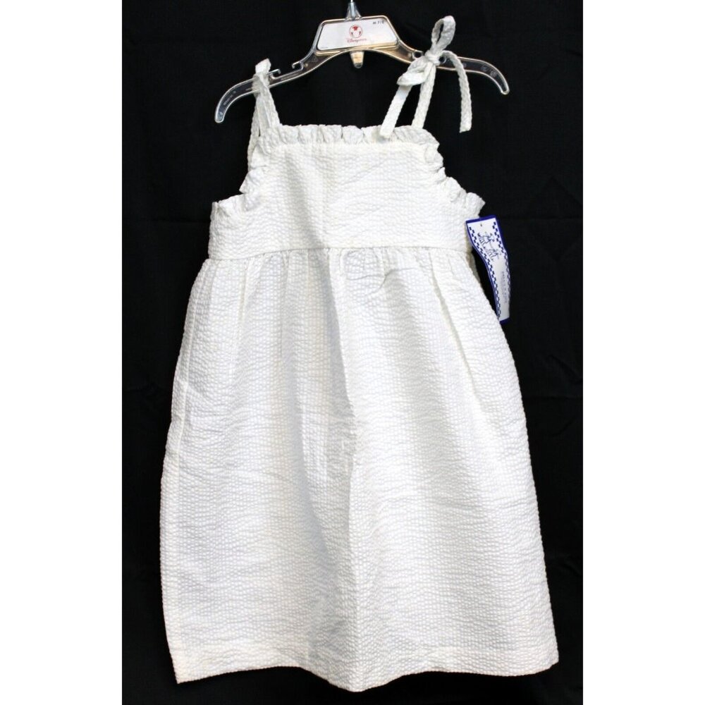 New Kellys Kids White Summer Sun Dress Seersucker Stripe sz 5-6 Ruffle Tie Strap